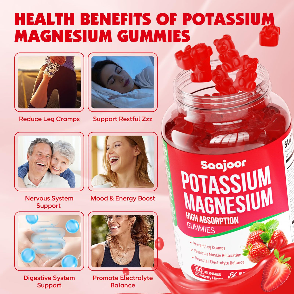 Gummies Potassium Magnésium Saajoor près d'un verre d'eau