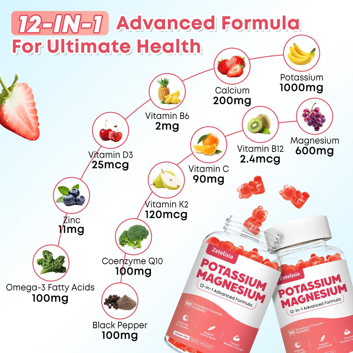 Gummies Potassium Magnésium Zetelixia avec étiquette visible