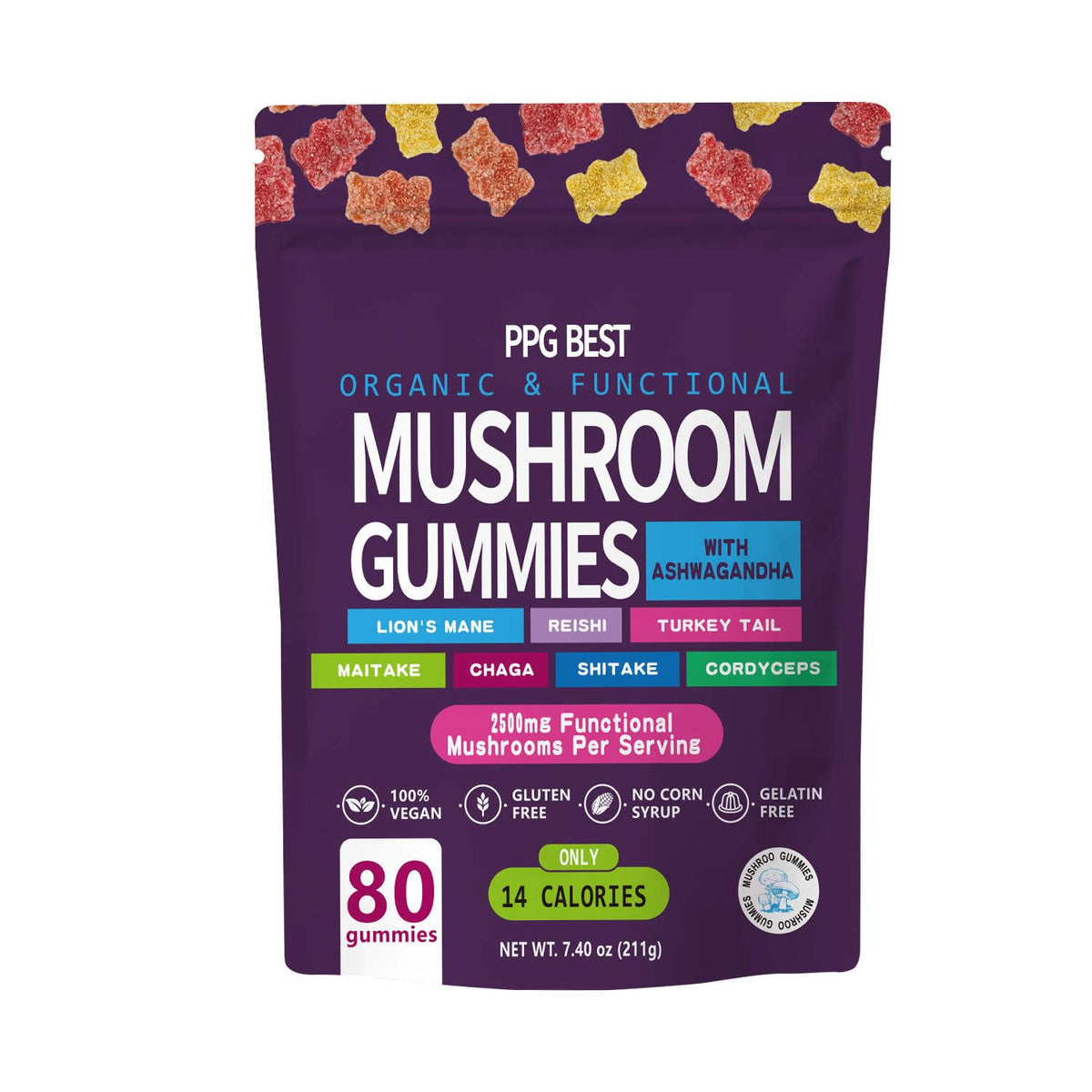 Gummies PPG BEST champignons bio avec Ashwagandha, vue de face