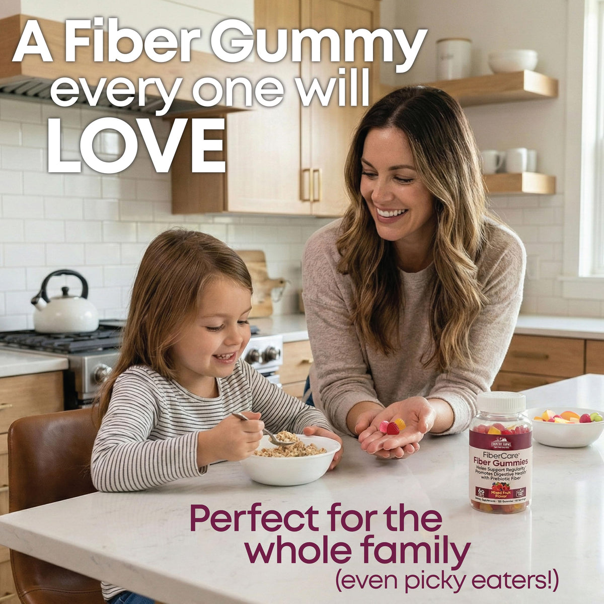 Gummies prébiotiques Country Farms avec fruits en arrière-plan