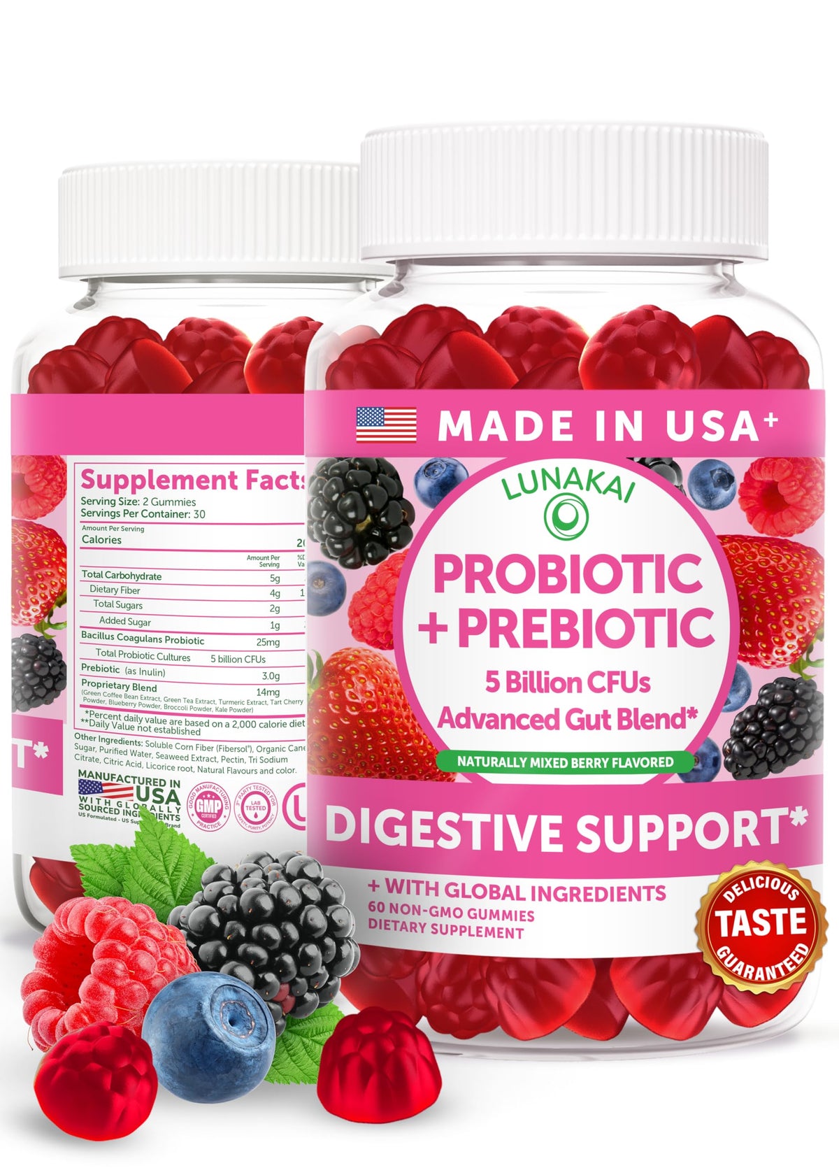 Gummies prébiotiques et probiotiques Lunakai 60 unités, vue de face