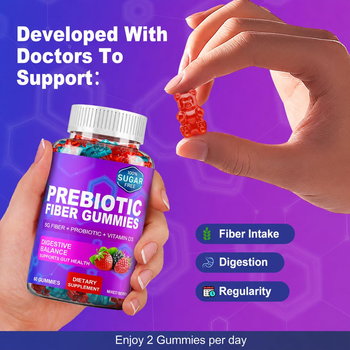 Gummies prébiotiques Olyvaresta dans une main pour démonstration