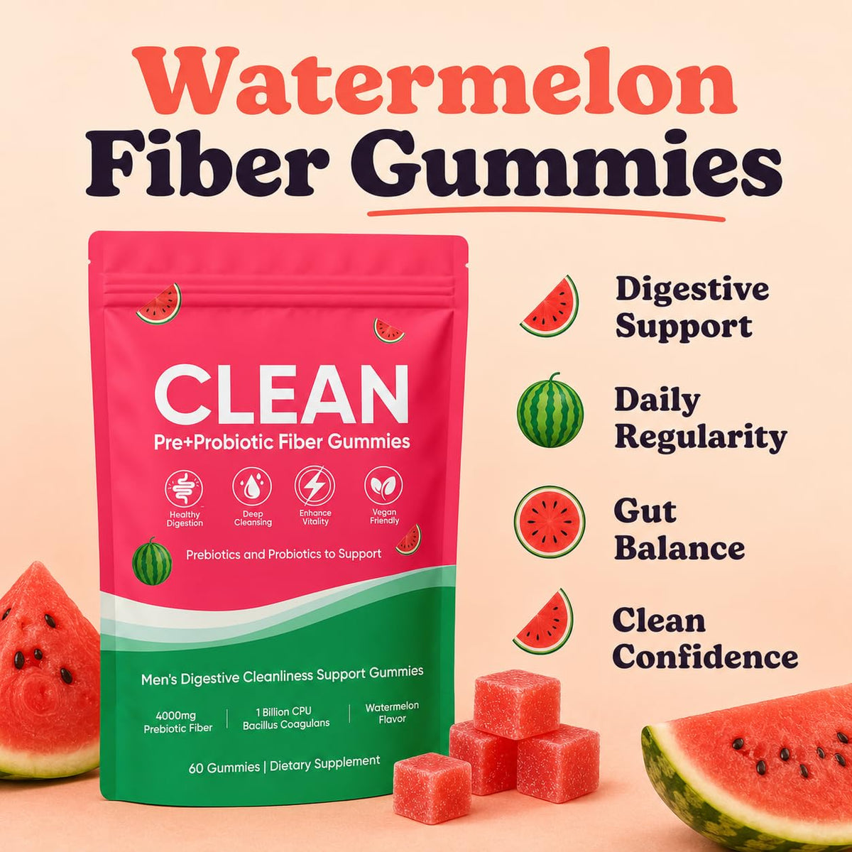 Gummies prébiotiques TADALAPRO sur une table avec des fruits