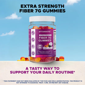 Gummies prébiotiques Vitamatic avec fruits en arrière-plan
