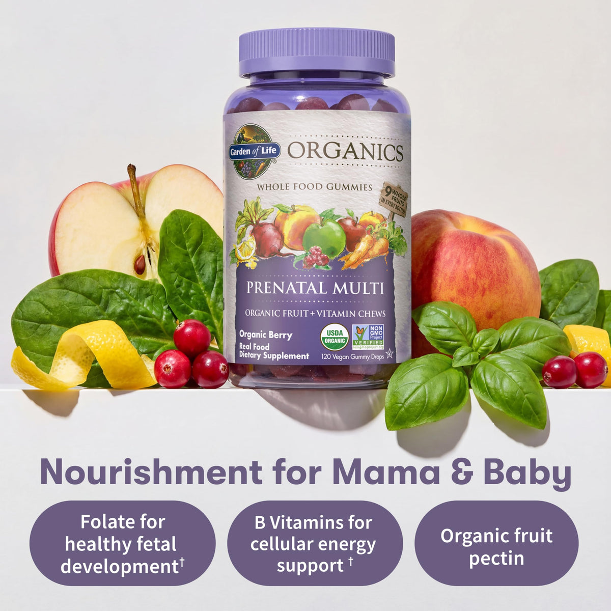 Gummies prénatales Garden of Life contenant des fruits bio