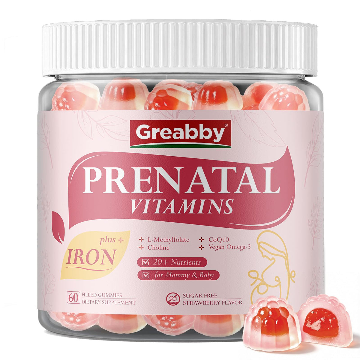 Gummies prénatales GREABBY avec choline et fer, vue de face