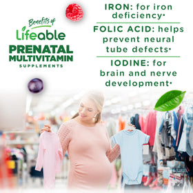 Gummies prénatales Lifeable montrant les ingrédients essentiels