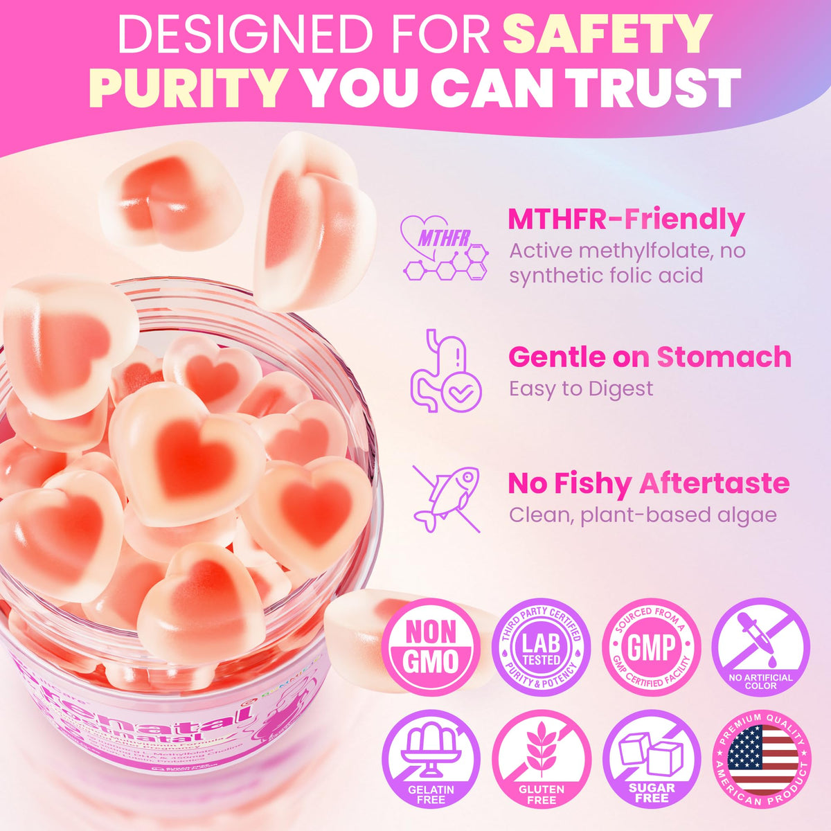 Gummies prénatales LILICARE avec des fruits frais en arrière-plan