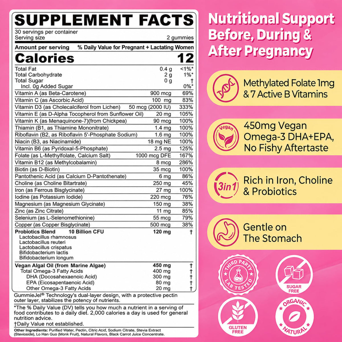 Gummies prénatales NEVISS avec étiquette et ingrédients
