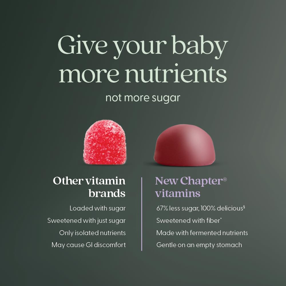 Gummies prénatales New Chapter sur une table avec des accessoires de maternité