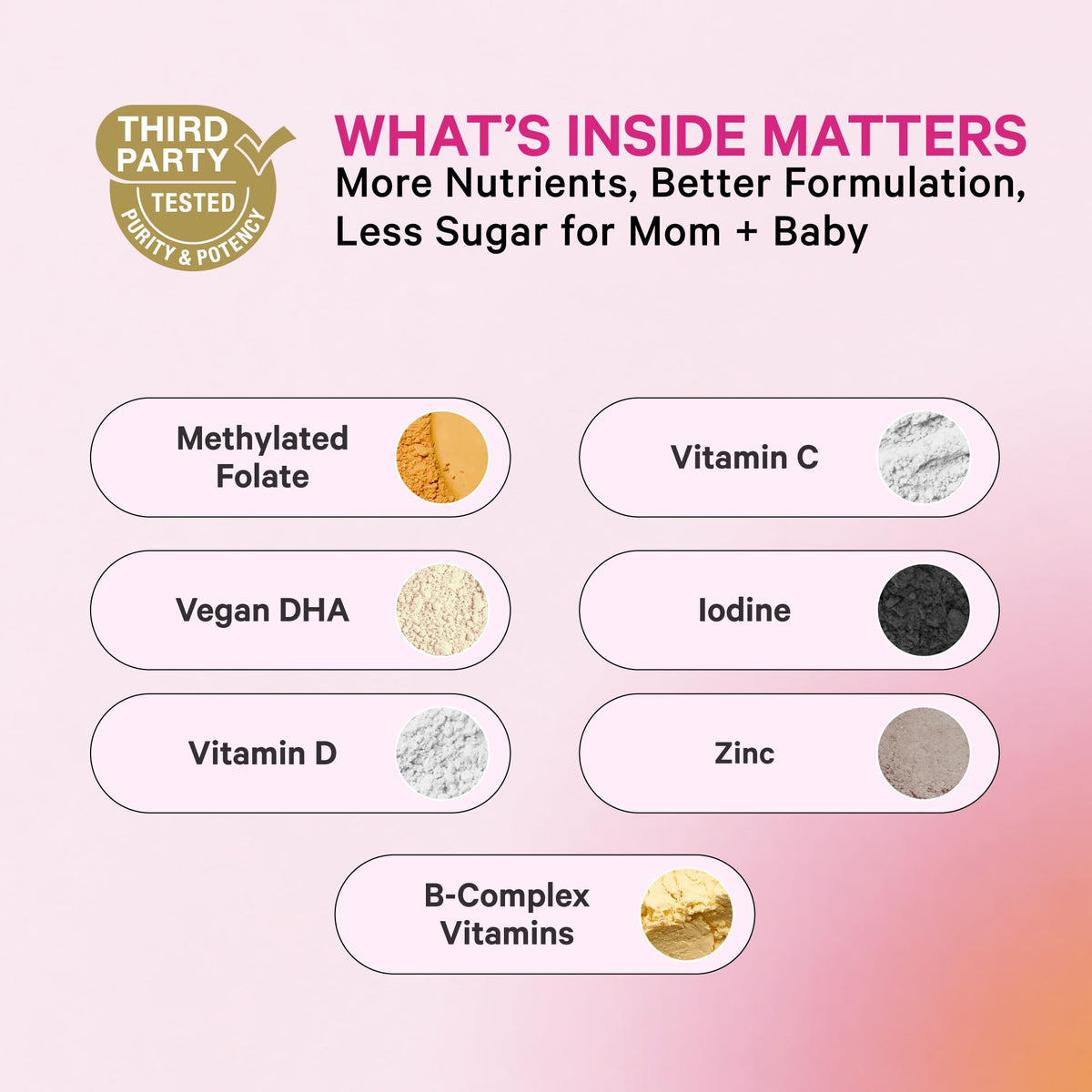 Gummies prénatales Pink Stork avec nutriments recommandés.