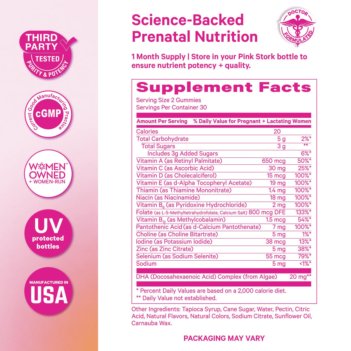 Gummies prénatales Pink Stork dans un environnement lumineux.