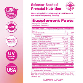 Gummies prénatales Pink Stork dans un environnement lumineux.