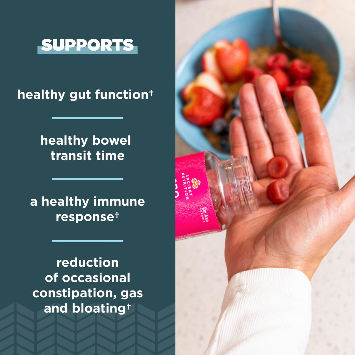Gummies Probiotiques Ancient Nutrition, bouteille ouverte avec gummies visibles