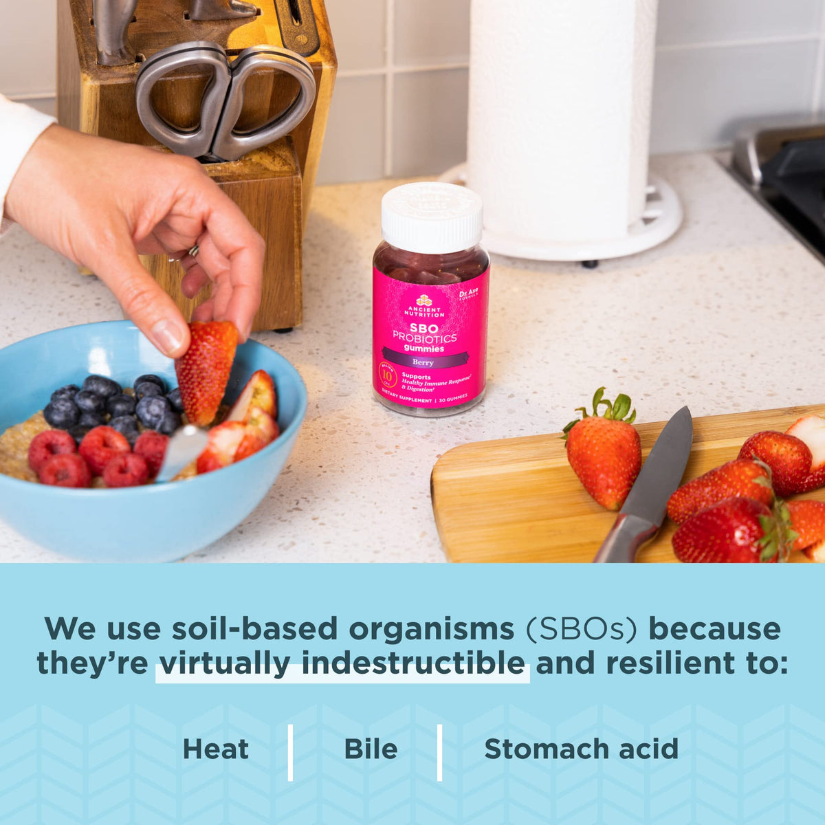 Gummies Probiotiques Ancient Nutrition, étiquette de la bouteille