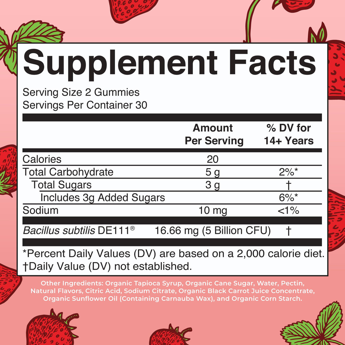 Gummies probiotiques bio MARYRUTH'S avec étiquette et ingrédients