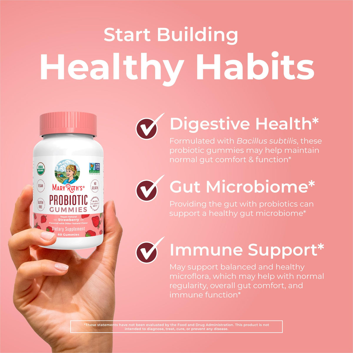 Gummies probiotiques bio MARYRUTH'S avec une main tenant une gomme