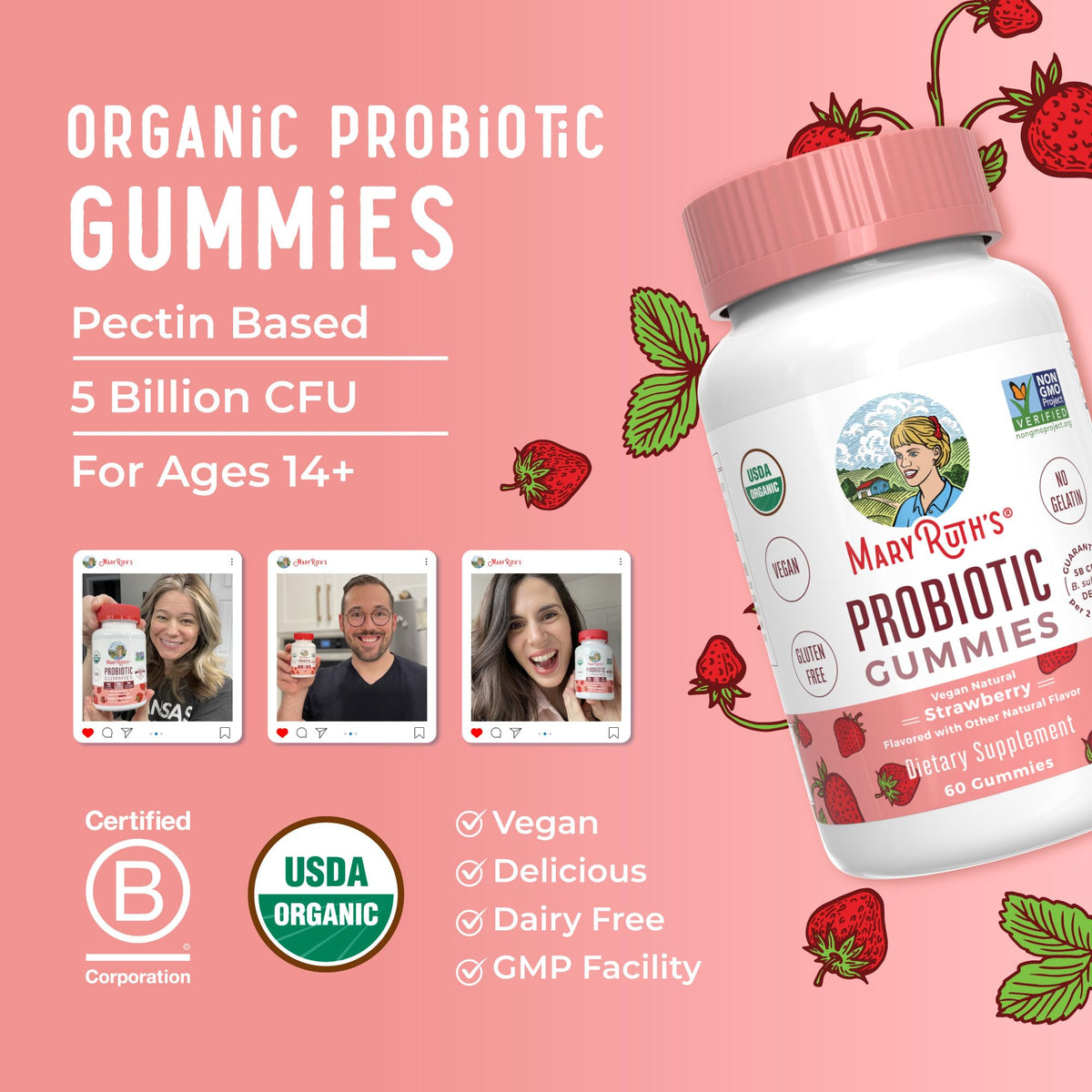 Gummies probiotiques bio MARYRUTH'S étiquette détaillée