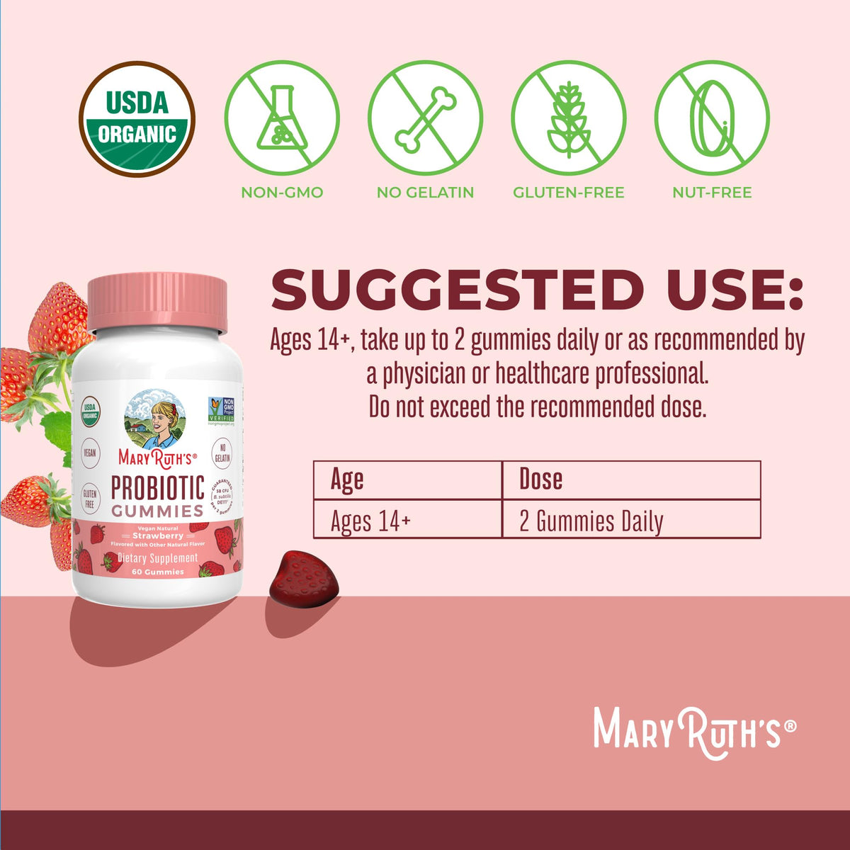 Gummies probiotiques bio MARYRUTH'S fraise vue de côté