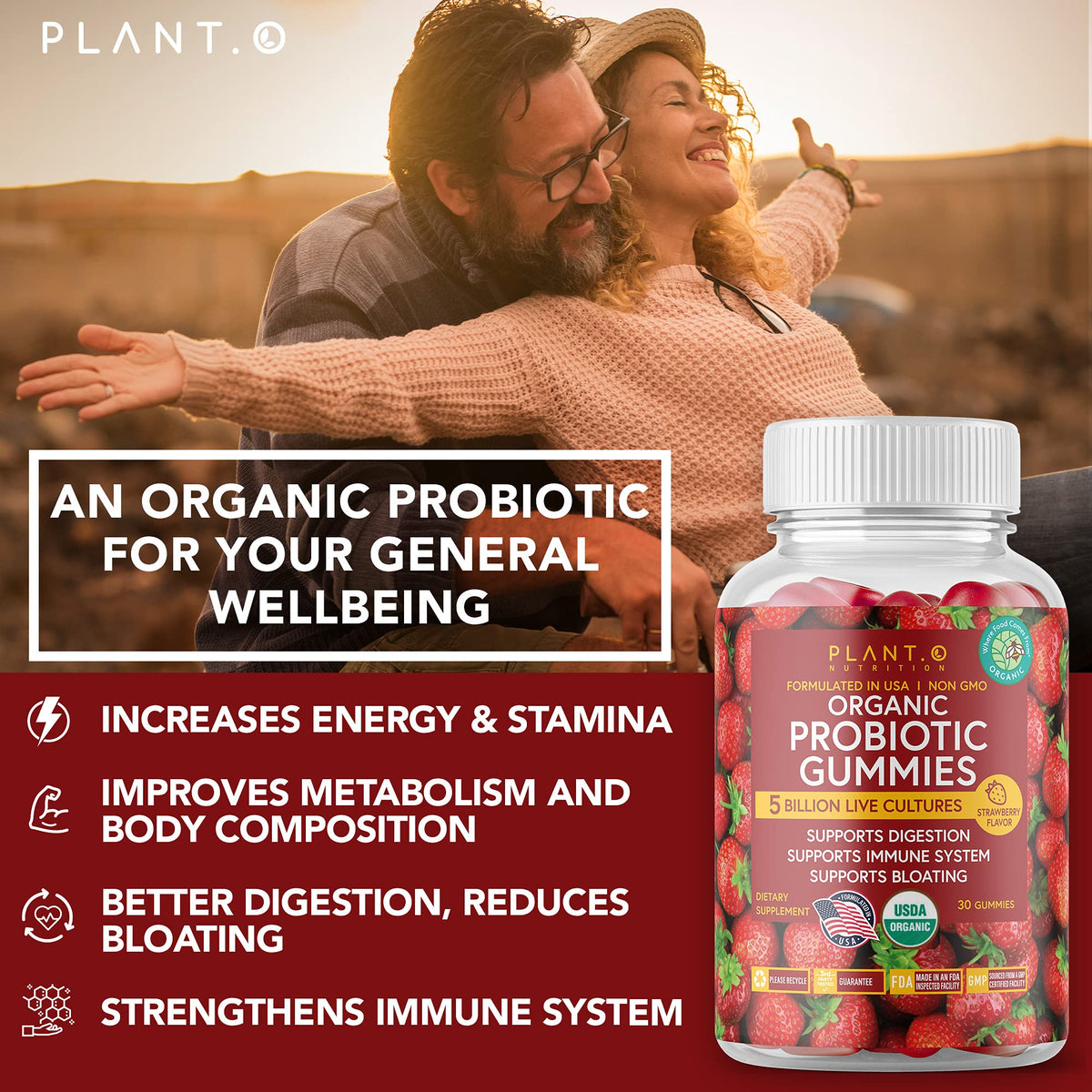 Gummies probiotiques bio PLANT.O NUTRITION, ingrédients naturels