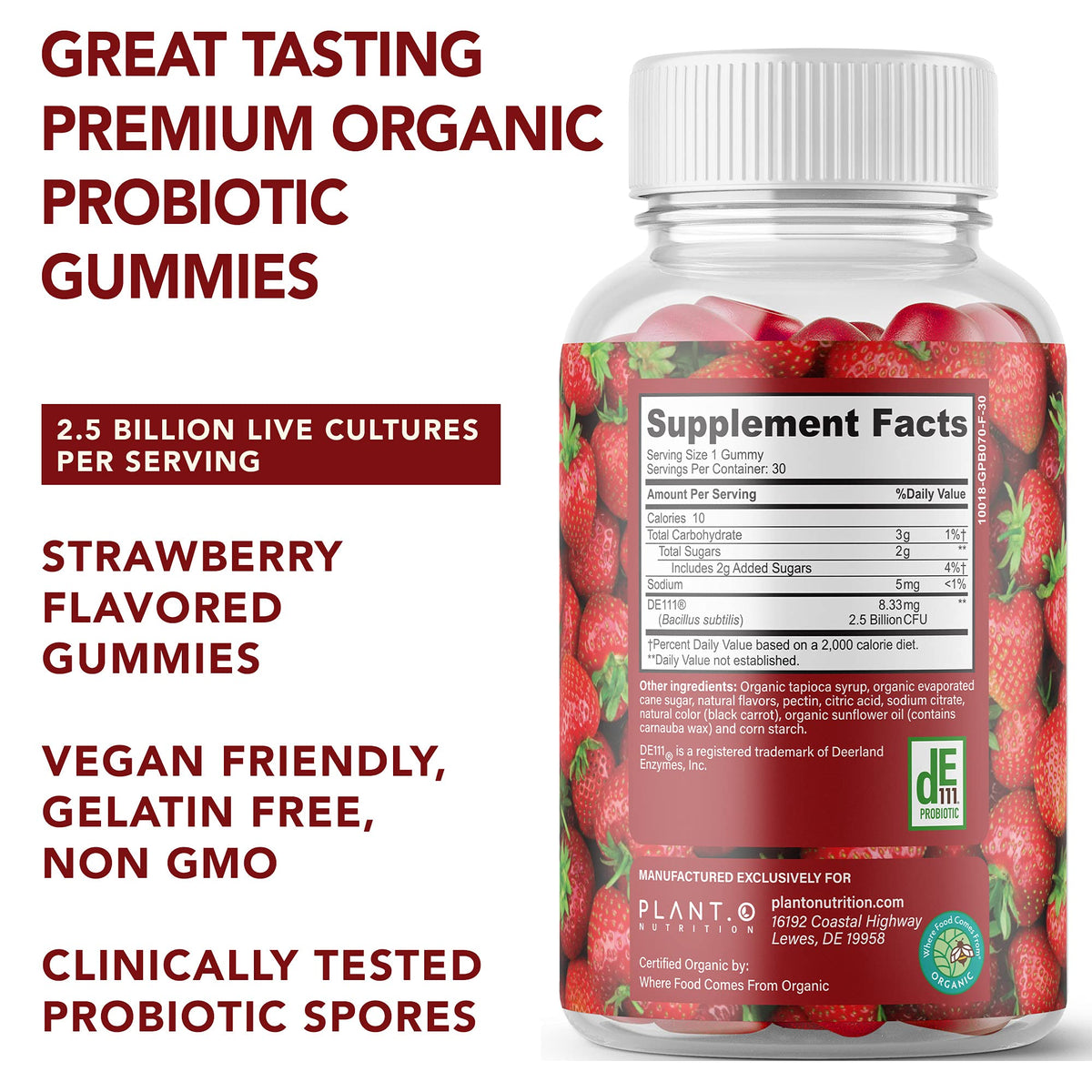 Gummies probiotiques bio PLANT.O NUTRITION, texture douce et couleur fraise