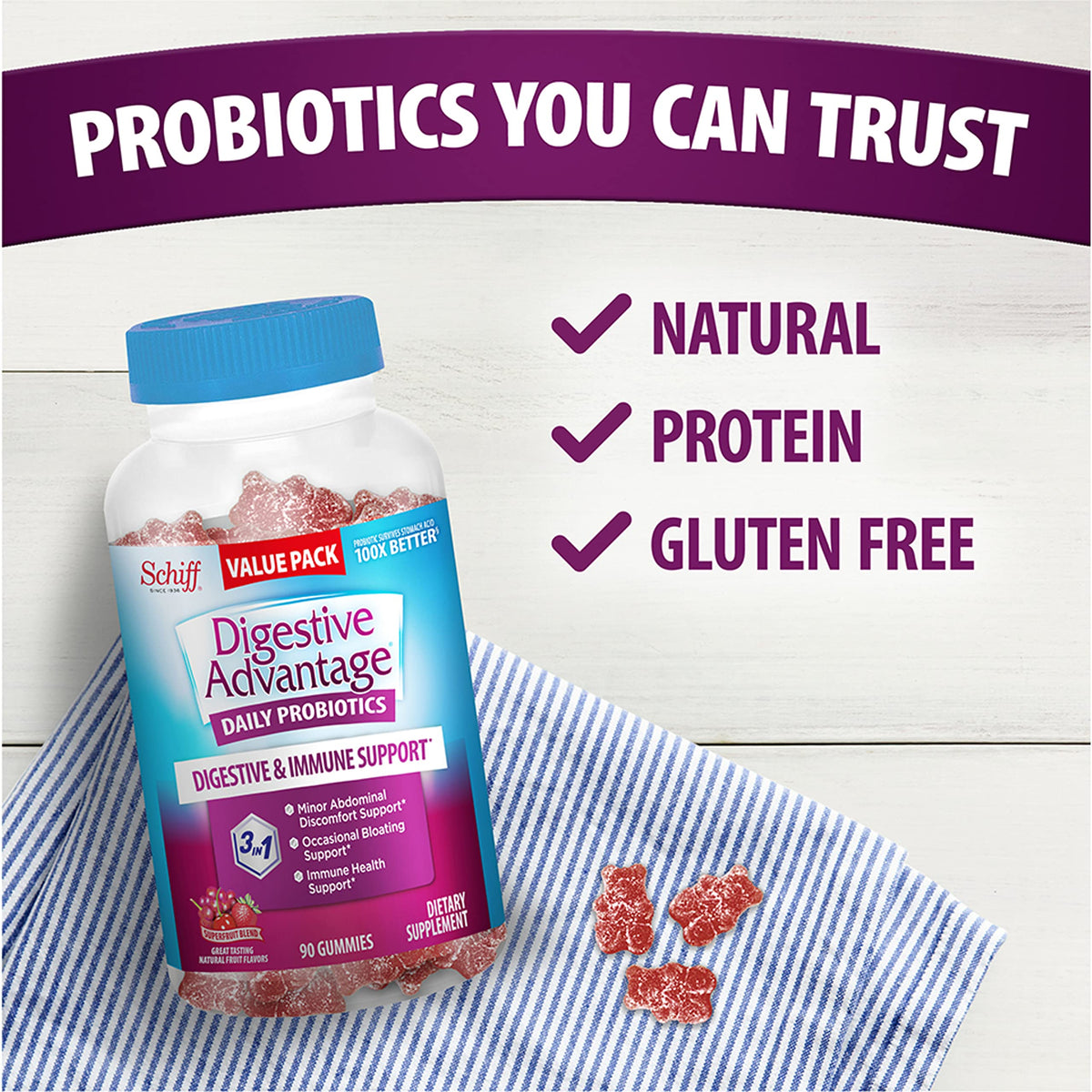 Gummies probiotiques daily Advantage, pot ouvert avec gummies visibles