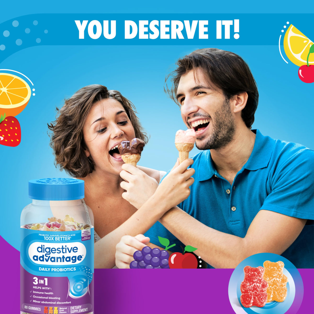 Gummies probiotiques daily Advantage sur une table en bois