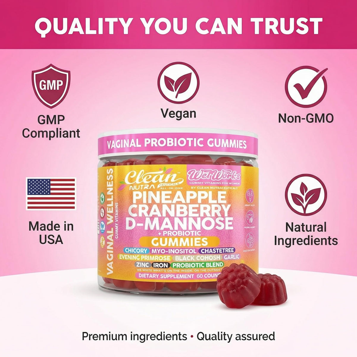 Gummies probiotiques féminins Clean Nutraceuticals avec fruits frais
