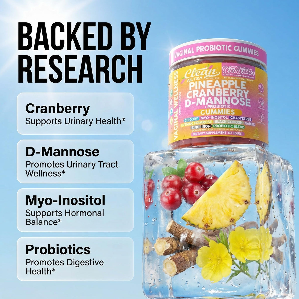 Gummies probiotiques féminins Clean Nutraceuticals en gros plan sur la texture