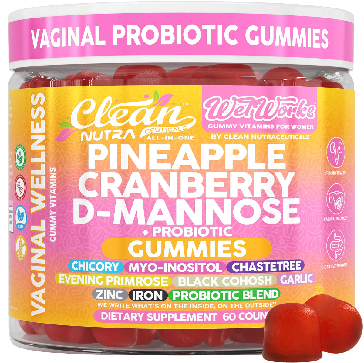 Gummies probiotiques féminins Clean Nutraceuticals vue de face avec emballage