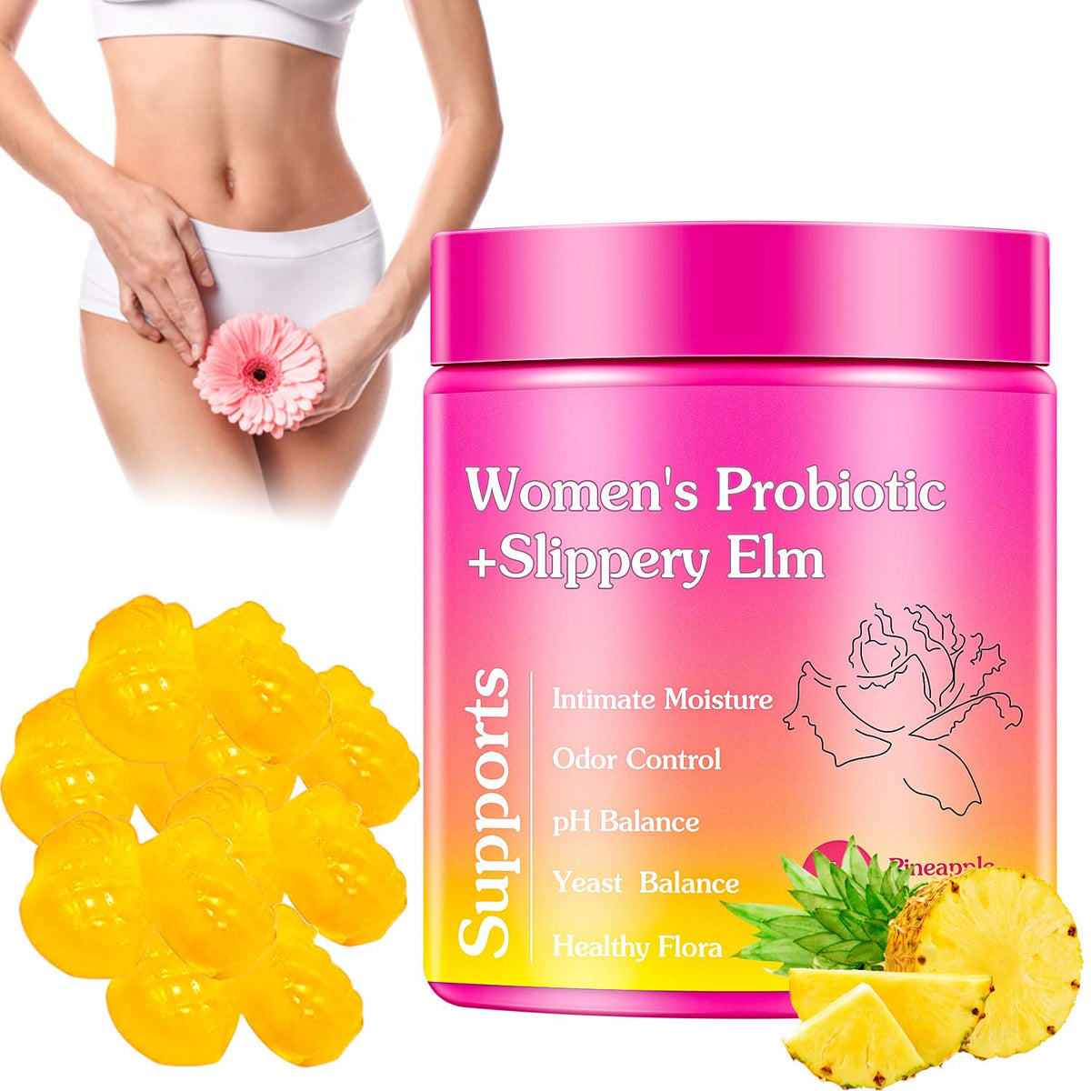 Gummies probiotiques féminins Josmon au goût ananas, sachet avant