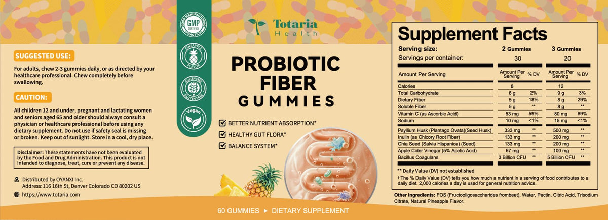 Gummies probiotiques fibres Totaria avec une coupe de fruits