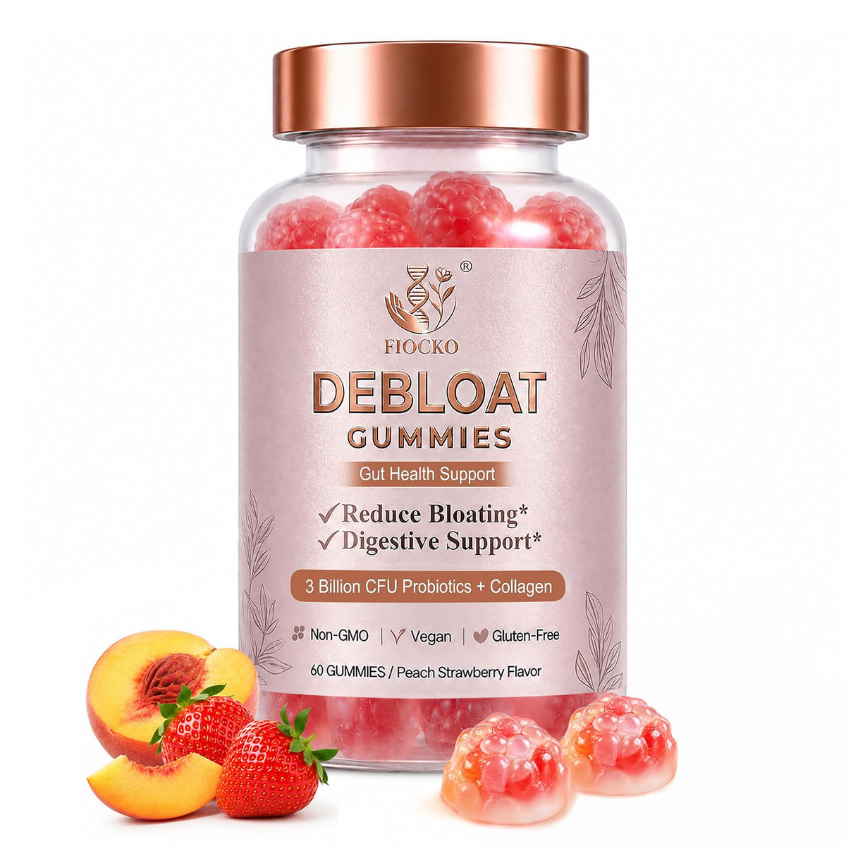 Gummies probiotiques fiocko pour femmes, bouteille de 60 comprimés pêche fraise