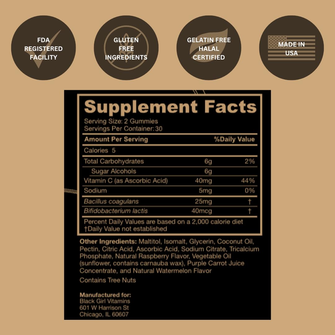 Gummies Probiotiques Framboise Pastèque Black Girl Vitamins, vue de face