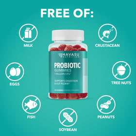 Gummies probiotiques HAVASU NUTRITION avec fruits en arrière-plan