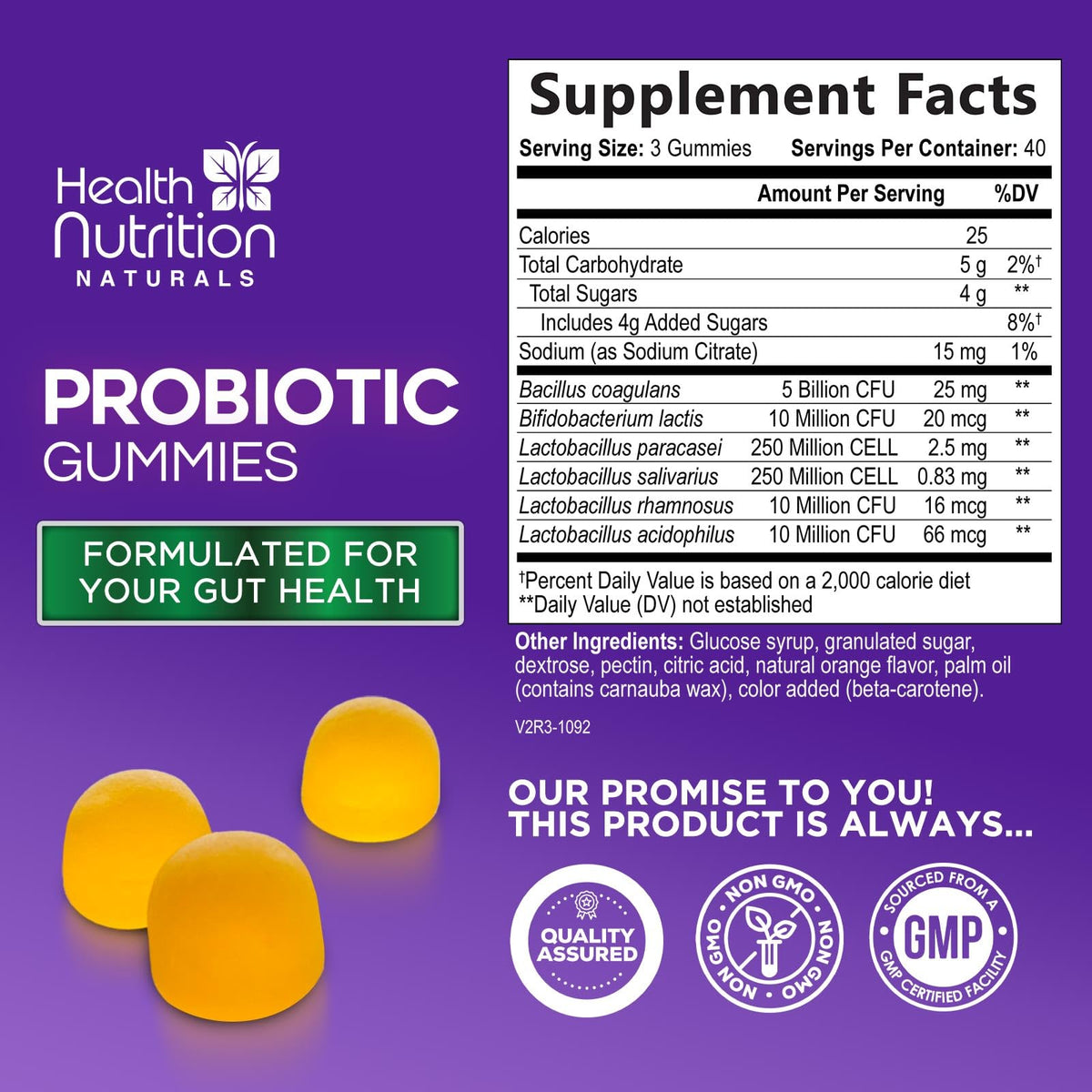Gummies probiotiques Health Nutrition Naturals avec étiquette détaillant les ingrédients