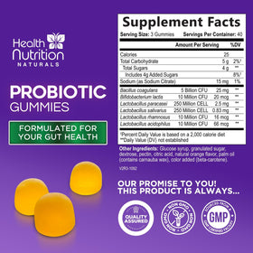 Gummies probiotiques Health Nutrition Naturals avec étiquette détaillant les ingrédients