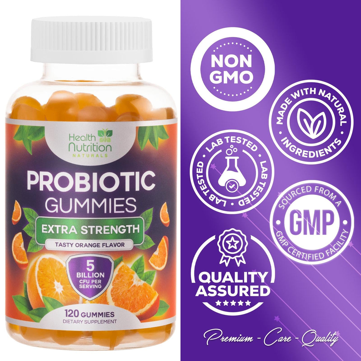 Gummies probiotiques Health Nutrition Naturals sur une table en bois