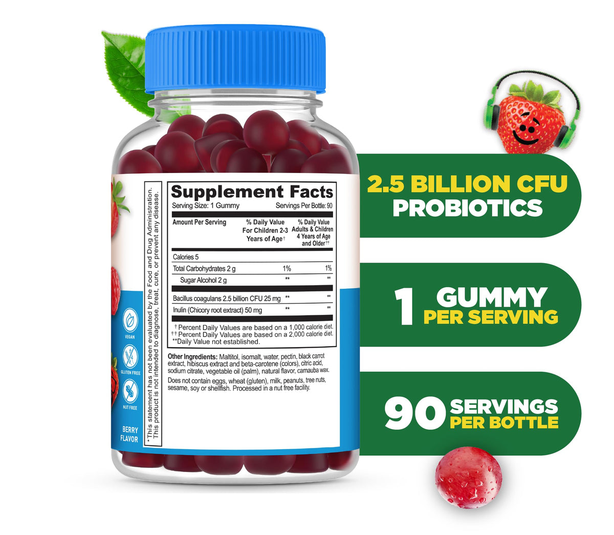Gummies probiotiques Lifeable à la framboise, vue de côté