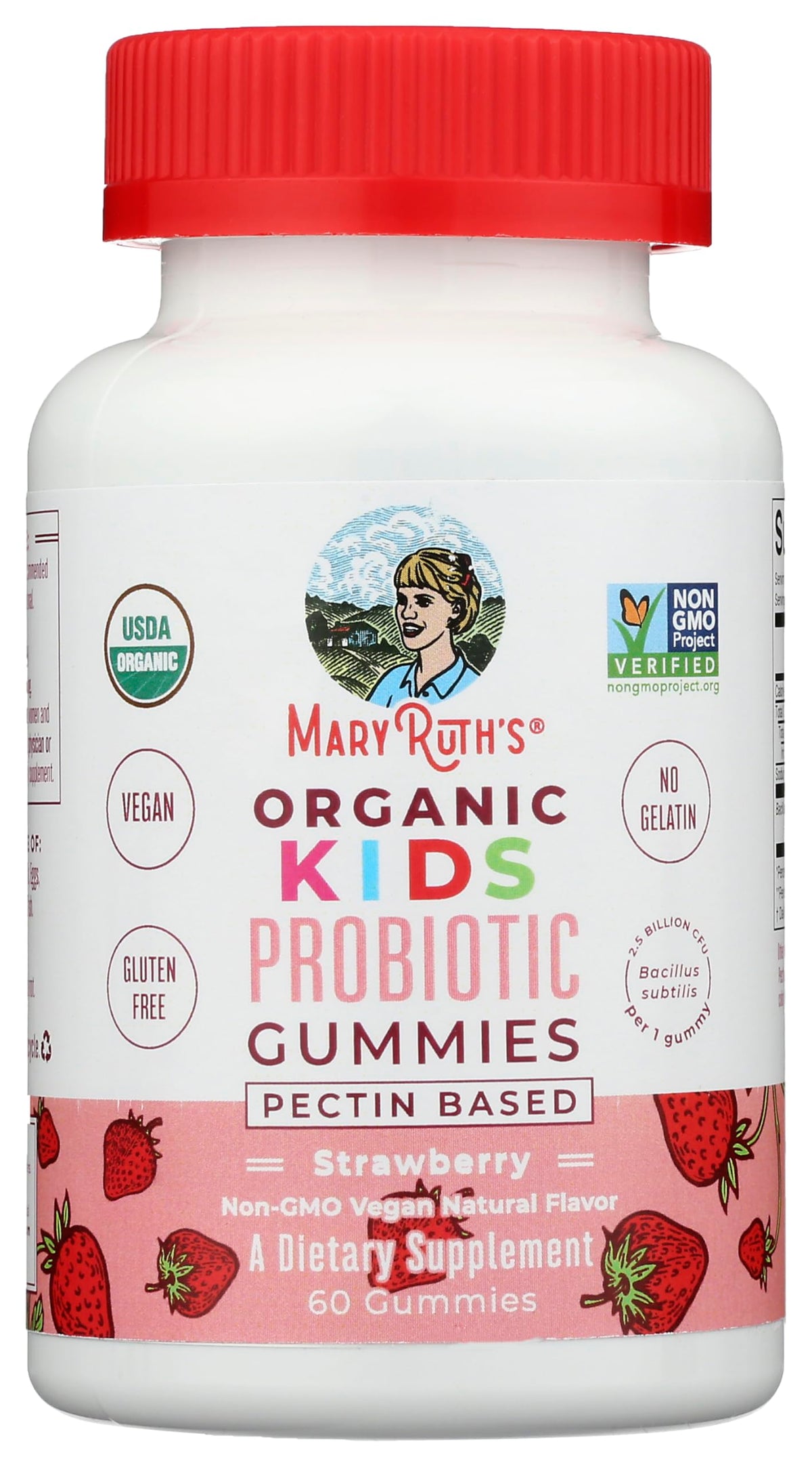 Gummies probiotiques MARYRUTH'S à la fraise 60 CT, pot ouvert