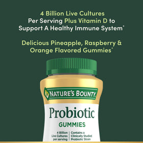 Gummies Probiotiques Nature's Bounty, vue de côté avec dosage recommandé