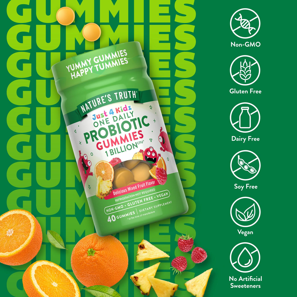 Gummies probiotiques Nature's Truth pour enfants, présentation des gummies sur une table