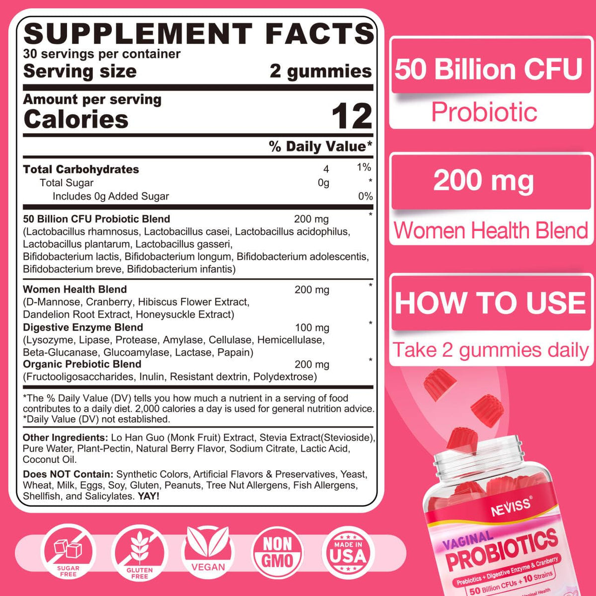 Gummies probiotiques NEVISS, emballage avec ingrédients naturels