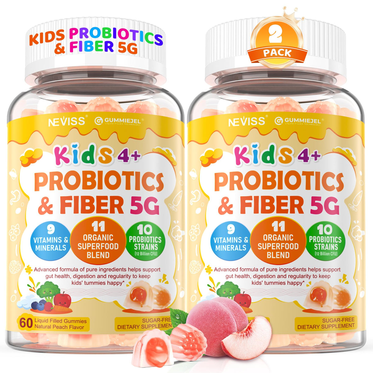 Gummies probiotiques NEVISS en paquet de 2 avec goût de pêche