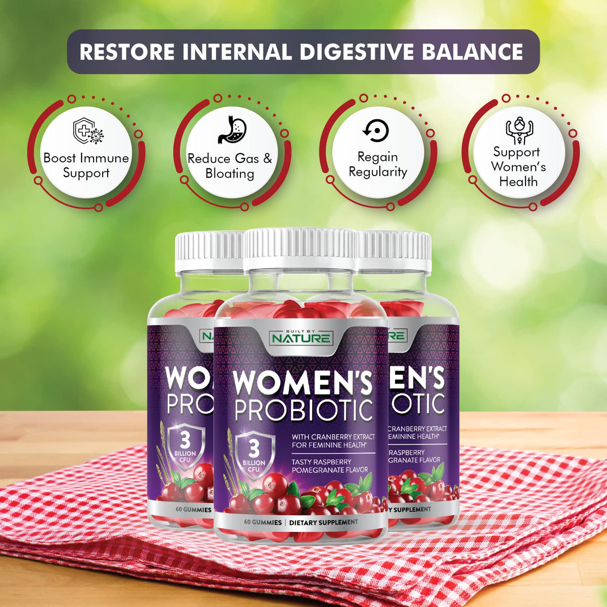 Gummies probiotiques pour femmes Built by Nature dans une main