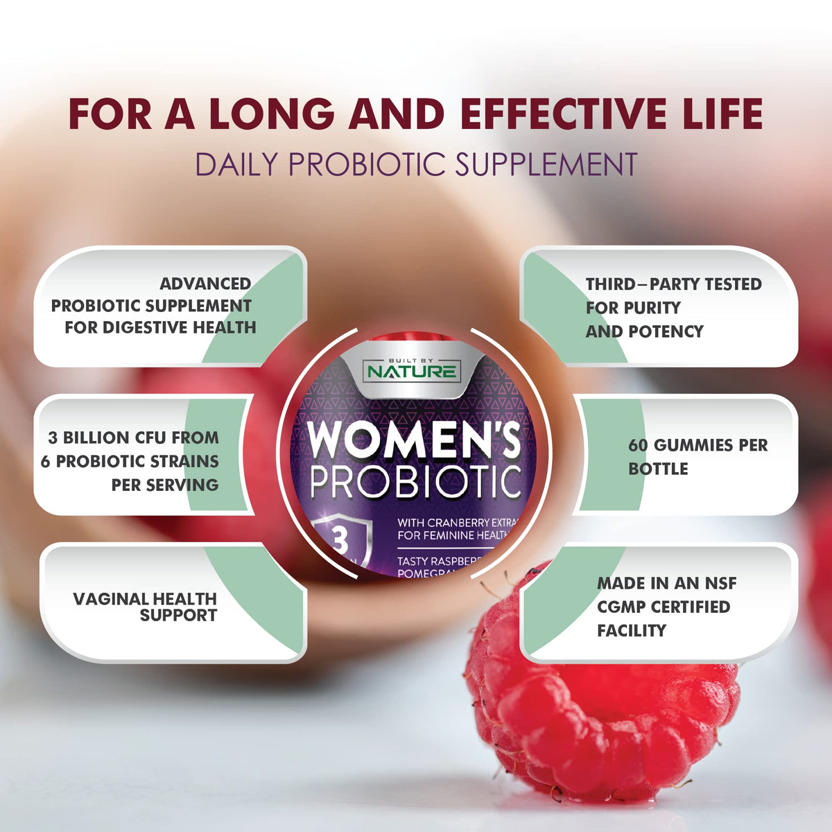 Gummies probiotiques pour femmes Built by Nature sur fond blanc