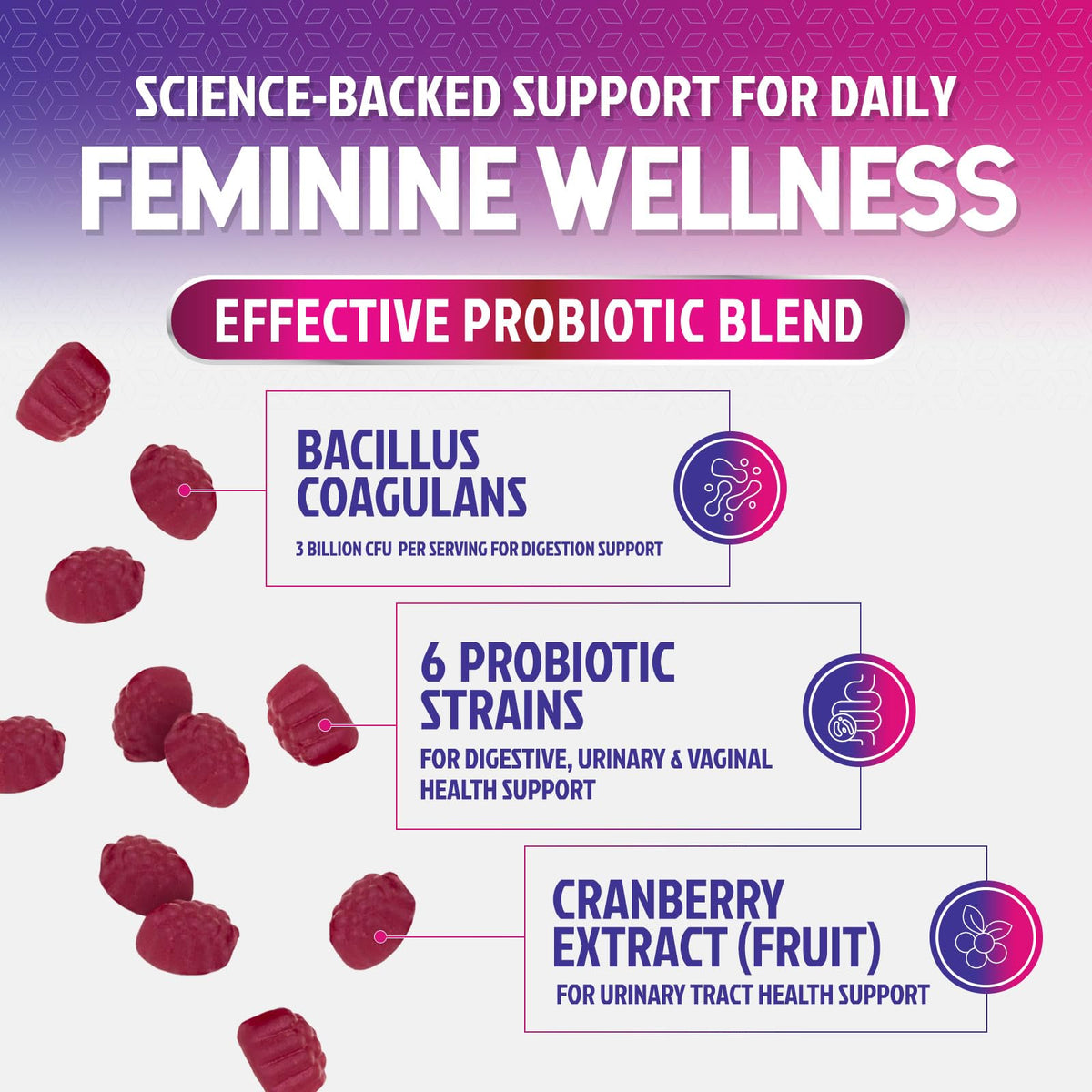 Gummies probiotiques pour femmes Nature's Nutrition avec cranberry en gros plan