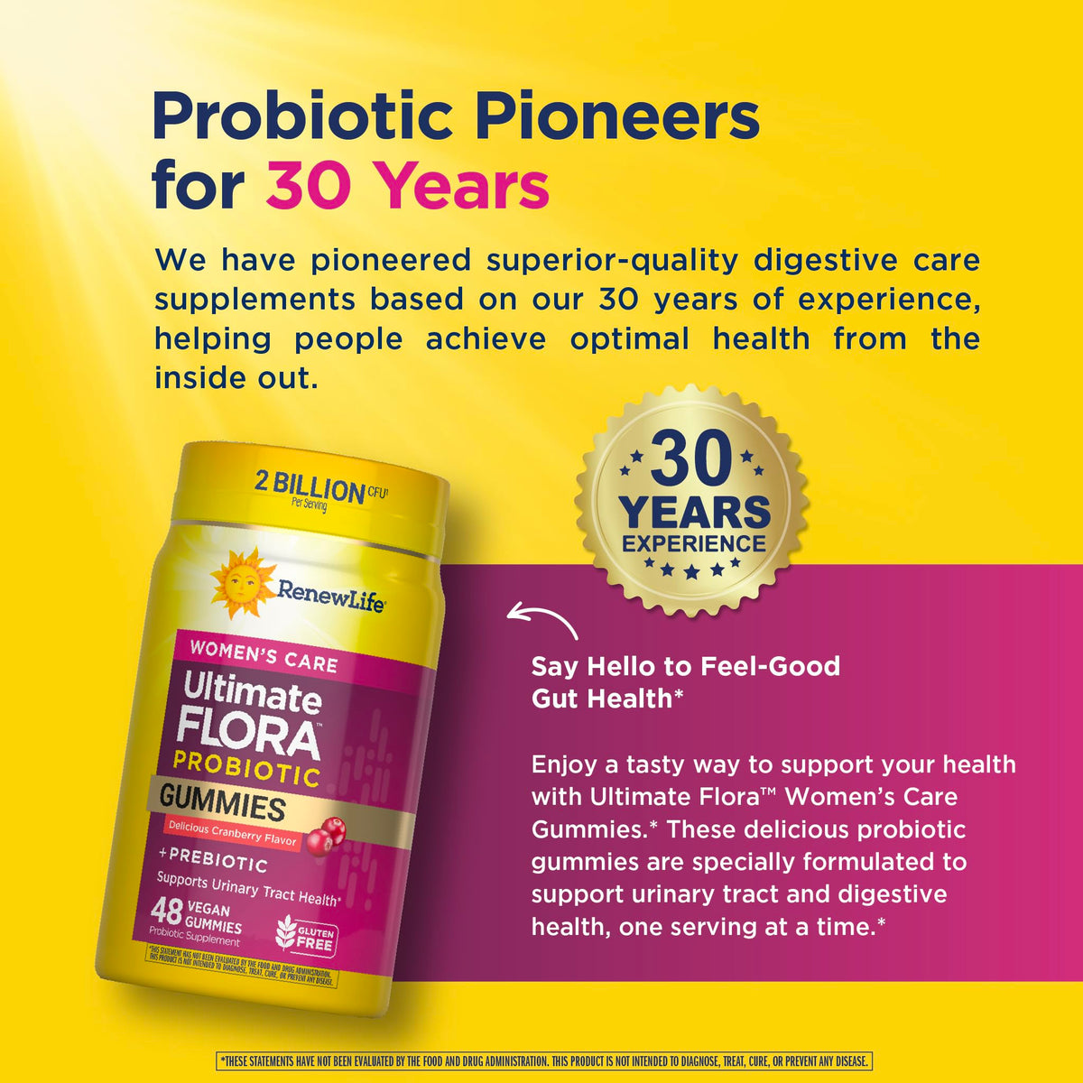 Gummies probiotiques Renew Life Femmes à côté d'un verre d'eau