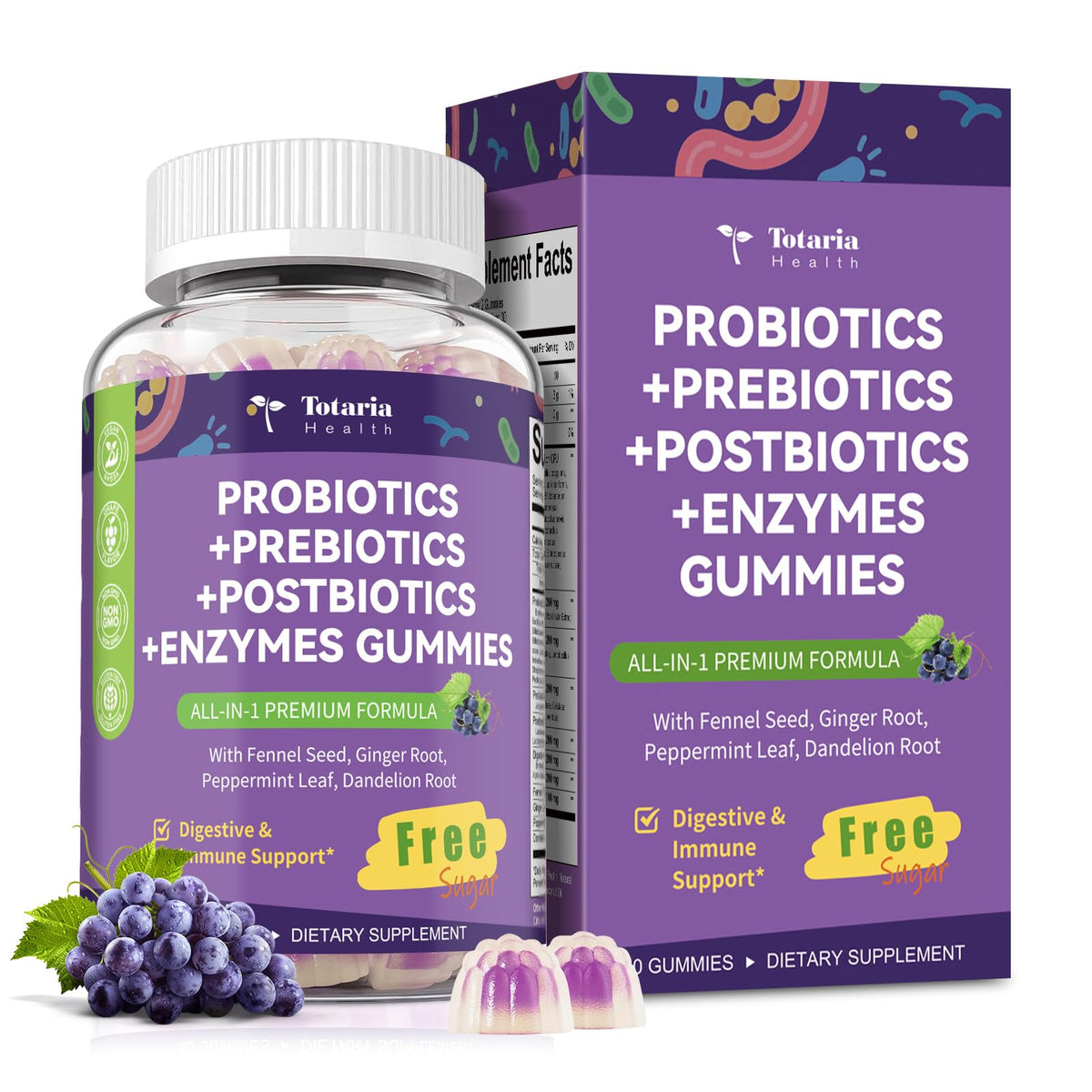 Gummies probiotiques Totaria 5-en-1 saveur raisin, vue de face