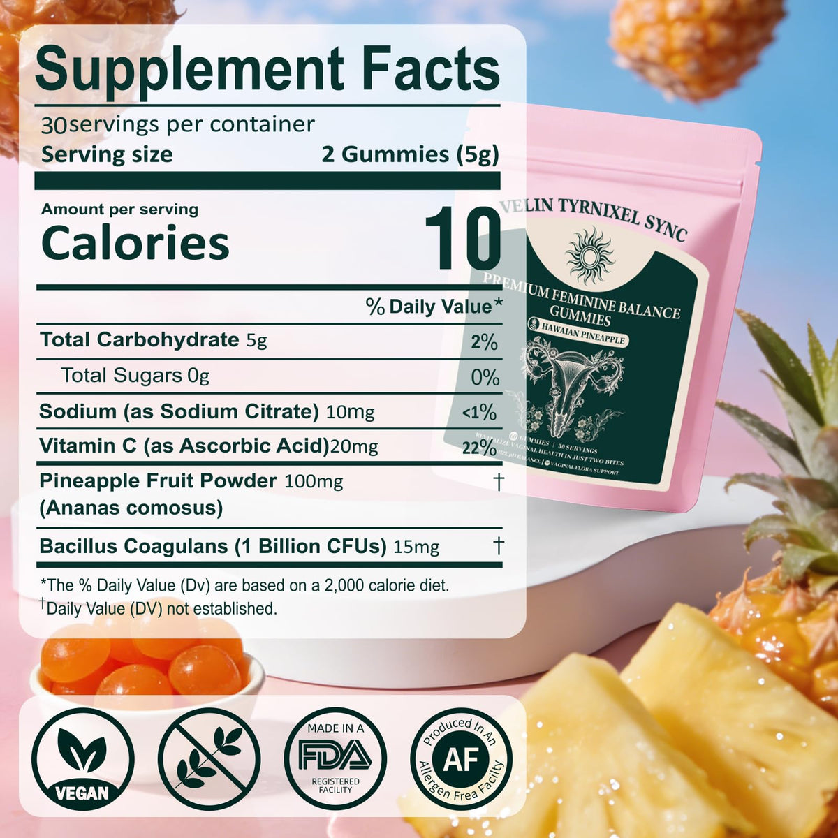 Gummies probiotiques Tyrnixel, vue de côté avec détails de l'emballage